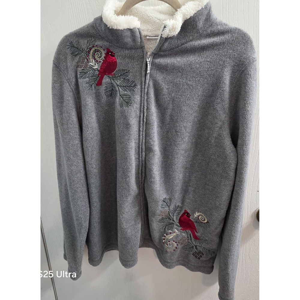 Croft & Barrow Fleece Jacket Large Bird Cardinal Embroidery Full Zip Holiday